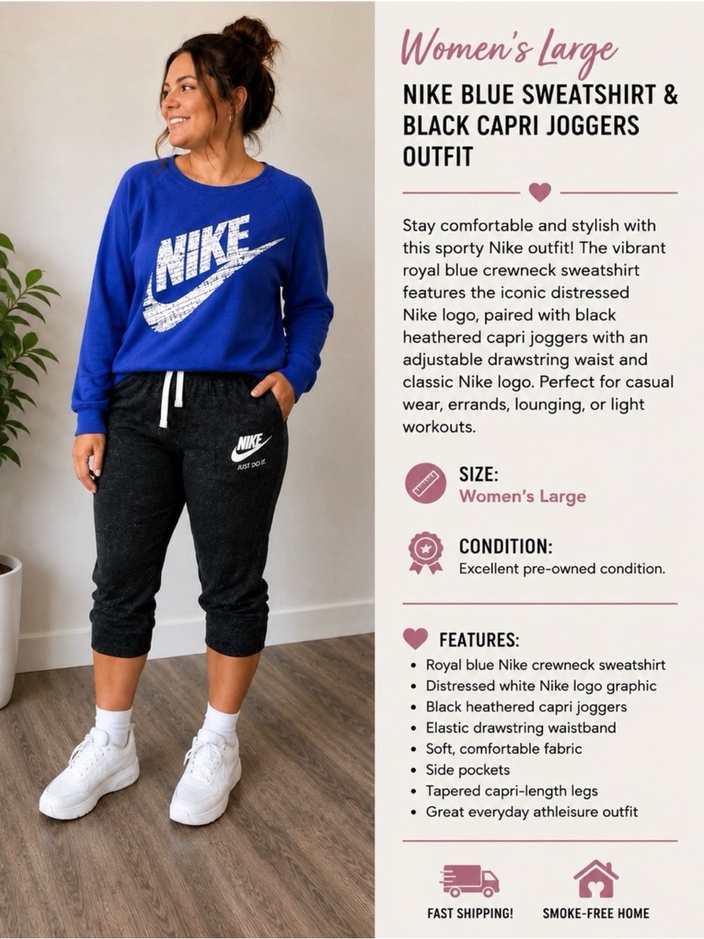 Nike Royal Blue Crewneck Sweatshirt & Black Capri Joggers